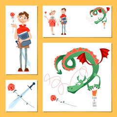 Set of universal cards with princess, knight and dragon. Diada de Sant Jordi (the Saint George’s Day). Template. Vector illustration