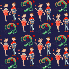 Princess, knight and dragon. Diada de Sant Jordi (the Saint George’s Day). Traditional festival in Catalonia, Spain. Seamless background pattern.
