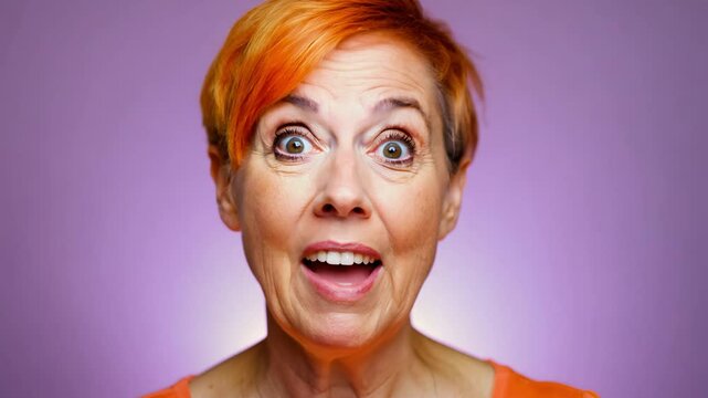 Static close-up video, warm intimate lighting, woman with bright orange pixie-cut hair and freckles, surprise expression, soft lilac background, her eyes widen, mouth forms an "o"