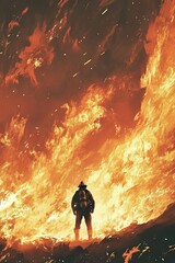 Obraz premium Silhouette of a fireman against the background of fire 