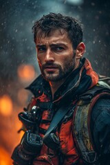 Obraz premium A fireman against the background of fire 