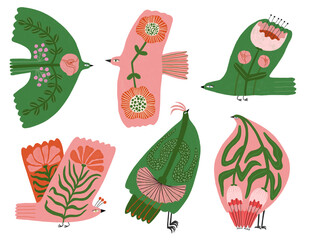 Set of bohemian floral decorated birds