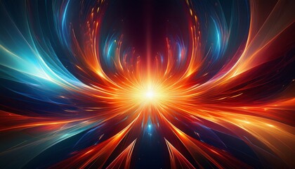 vibrant abstract energy streams of red orange and blue radiate from a central bright point creating a dynamic design against a dark backdrop