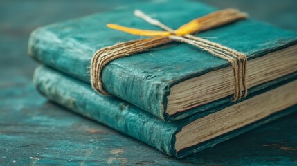 Two antique teal books tied with twine and a yellow ribbon rest on a dark blue wooden surface. Close up view, showing texture and age.