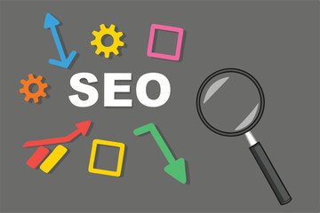 SEO, Search Engine Optimization ranking concept, magnifying glass with arrows pointing to alphabets abbreviation SEO at the center of cement wall chalkboard, the idea of promote traffic to website.