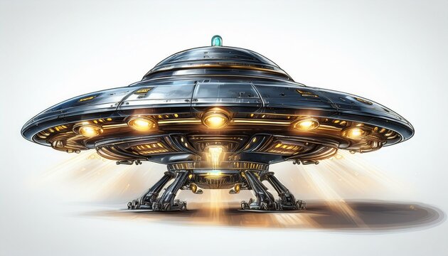 a realistic illustration of a flying saucer ufo with glowing lights isolated on a white background