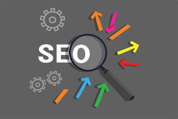 SEO, Search Engine Optimization ranking concept, magnifying glass with arrows pointing to alphabets abbreviation SEO at the center of cement wall chalkboard, the idea of promote traffic to website.