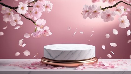 soft pink background with marble podium and falling sakura petals