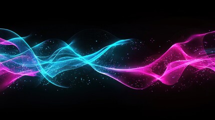 Fototapeta premium Abstract glowing neon blue and pink waves floating against black
