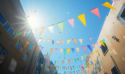 Colorful bunting flags strung between buildings under a bright sun