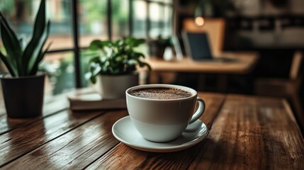 Cozy Coffee Cup on Wooden Table with Green Plants in Background
