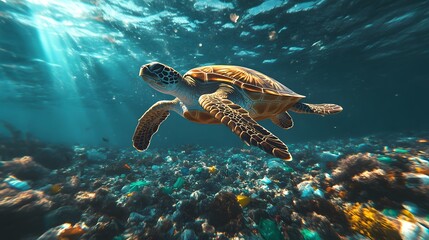 Graceful Sea Turtle Swimming Through Vibrant Underwater World