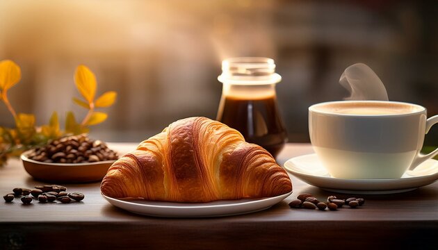 breakfast with coffee and croissant generated image