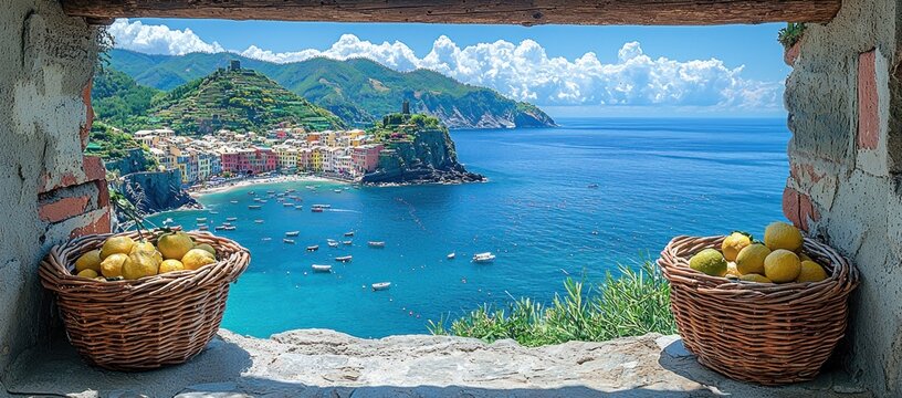 Fototapeta Coastal village seen through a stone window with lemon baskets.