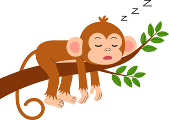 cheerful cute monkey cartoon character sleeping on a tree branch illustration