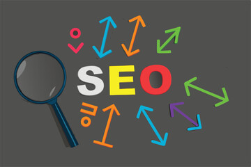SEO, Search Engine Optimization ranking concept, magnifying glass with arrows pointing to alphabets abbreviation SEO at the center of cement wall chalkboard, the idea of promote traffic to website.