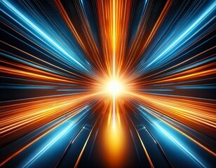 Fototapeta premium intense blue and orange light beams radiate from a glowing central core encircled by a metallic ring creating a futuristic high energy visual the effect suggests speed and power