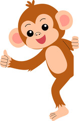 cheerful cute monkey cartoon character peeking over the edge and giving thumbs up illustration