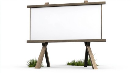 Fototapeta premium Blank white rectangular sign with rustic wooden frame and supports, set against a plain white background with small tufts of grass.