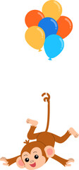 Fototapeta premium cheerful cute monkey cartoon character hanging by tail with colorful balloons illustration