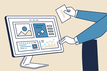 Build website with template customization, SEO optimization for search result, develop app or wireframe, customizable software development concept, hands help building website on computer screen.