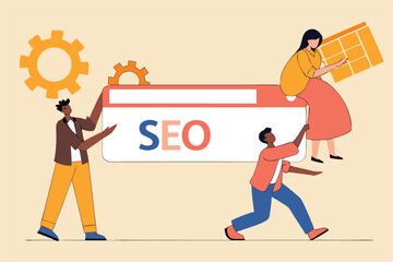 SEO, search engine optimization to help website reach top ranking in search result page, promote website or communication concept, businessman people help optimize website URL to 1st rank search bar.