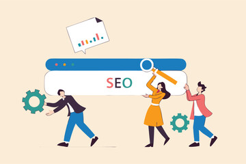 SEO, search engine optimization to help website reach top ranking in search result page, promote website or communication concept, businessman people help optimize website URL to 1st rank search bar.