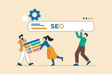 SEO, search engine optimization to help website reach top ranking in search result page, promote website or communication concept, businessman people help optimize website URL to 1st rank search bar.