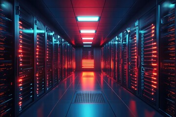Fototapeta premium Futuristic Server Room with Red and Blue Neon Lights Highlighting Network Hardware and Data Center Infrastructure