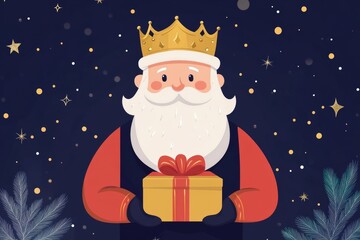 Festive king holding gift amidst starry night