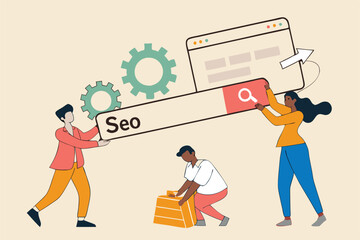 SEO, search engine optimization to help website reach top ranking in search result page, promote website or communication concept, businessman people help optimize website URL to 1st rank search bar.