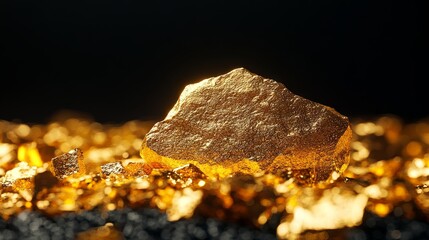 Raw gold extracted from a mine shown on a black background, close-up of a gold nugget