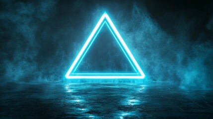 A bright neon triangle emitting light in a dark atmosphere