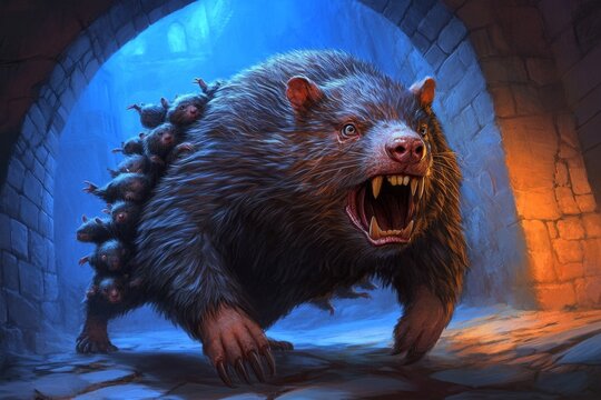 A massive, eerie-looking rat king (multiple rats tangled by their tails) lurking in a dimly lit medieval dungeon