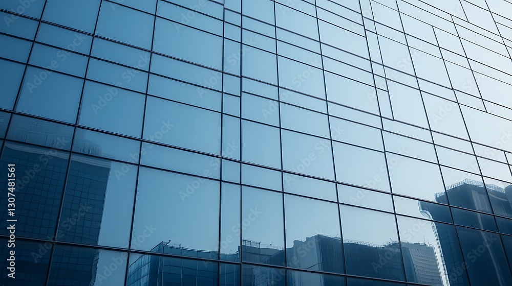 Poster close-up of a glass skyscraper reflecting distorted surroundings in an urban setting.
