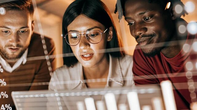 A medium closeup of a diverse team of data analysts gathered around a central holographic display their expressions reflecting concentration and excitement as they explore visual
