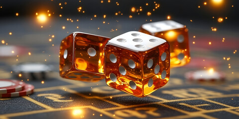 Rolling dice on craps table with vibrant colors and sparkling effects