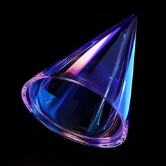 Conical glass shape with blue and purple iridescent reflections on black