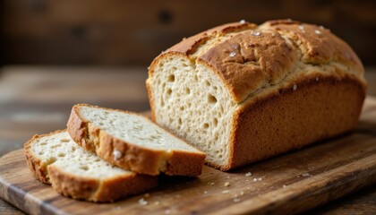 The aroma of freshly baked bread wafts through the air as the warm loaf sits upon a rustic wooden table