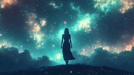 Fototapeta premium Universe meta human goddess spirit silhouette on galaxy