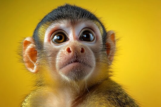 A mischievous squirrel monkey looking directly into the camera with a curious expression