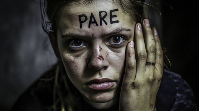 Jovem mulher segurando a m&atilde;o com PARE em destaque.