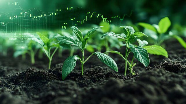 Green Plants Growing in Soil with Digital Data Overlay Concept