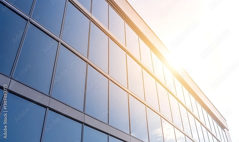 Poster close-up image of a modern office tower reflecting in a glass surface.