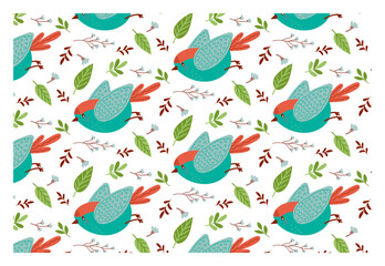 Seamless vector pattern with adorable bird with bright tail and spring elements in flat style. Cute vector texture for bedding, fabric, wallpaper, wrapping paper, textile, t-shirt printing