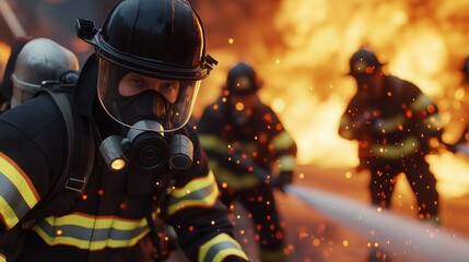 Firefighters battling an intense blaze in a city setting during the daytime