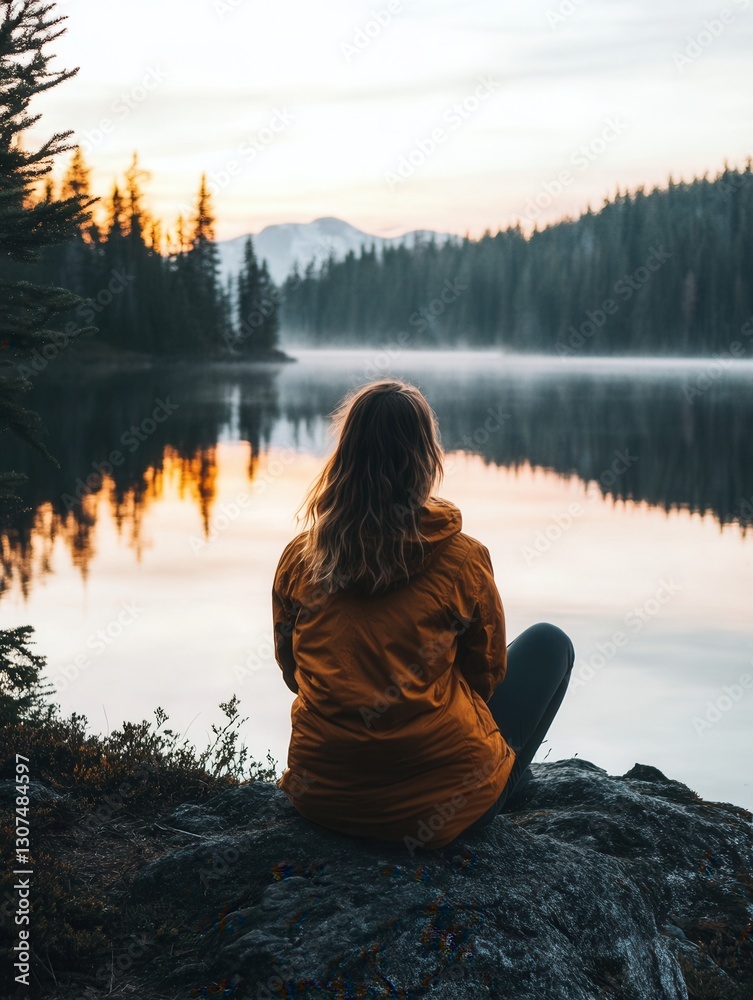 Poster reflective moment at a tranquil lake surrounded by mountains during sunrise generative ai