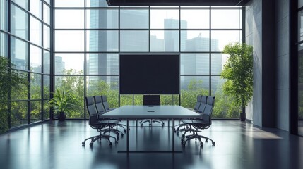 Fototapeta premium A modern conference room equipped with a smartboard, minimalist design, and comfortable chairs arranged around a central table.