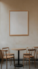 A photo of a large wooden picture frame on the wall in a minimalistic, modern mud cafe
