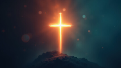 Fototapeta premium Illuminated cross standing on top of a rocky outcropping against a dark background with starry lights.